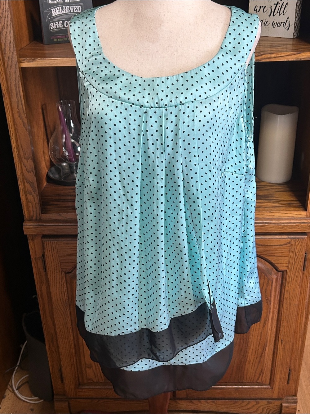 Zac & Rachel Aqua Polka Dot Layered Camisole with Black Hem Size 1X